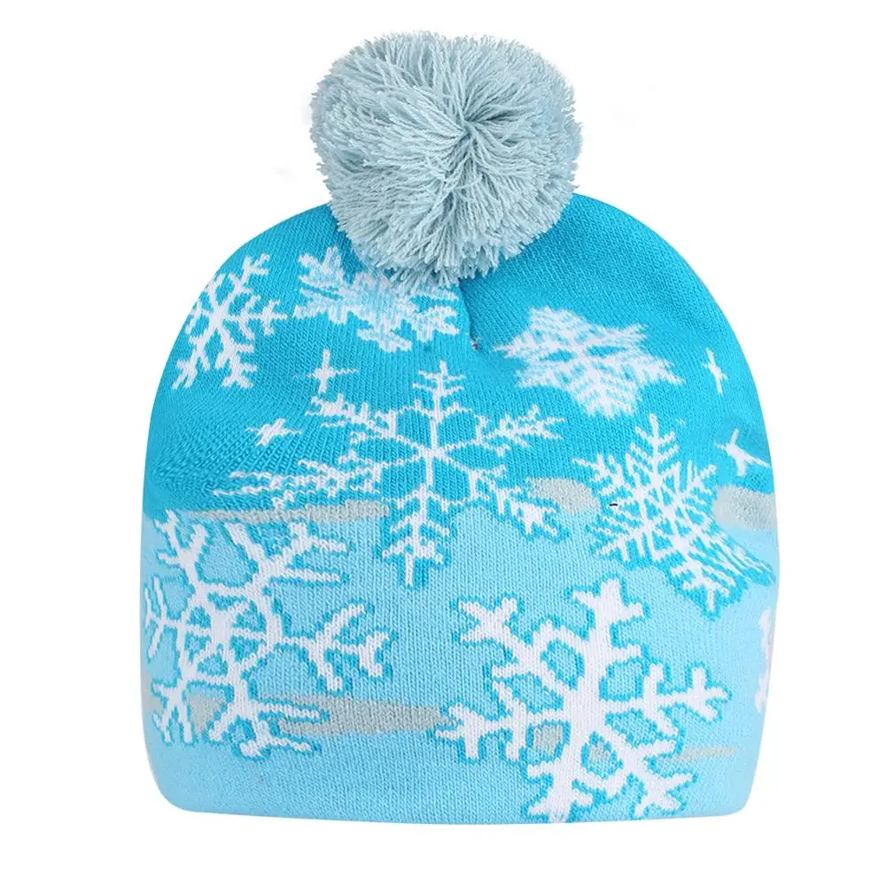 Синяя вязаная шапка со снежинками с шариком светодиодный белый светильник