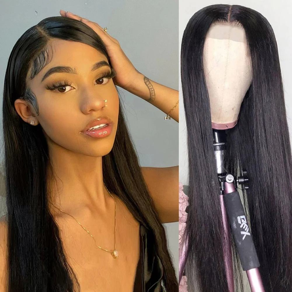 

RONGDUOYI Silk Straight Lace Front Wig Heat Resistant Fiber Black Wig Long Synthetic Lace Wig Glueless Wig For Women Daily Use