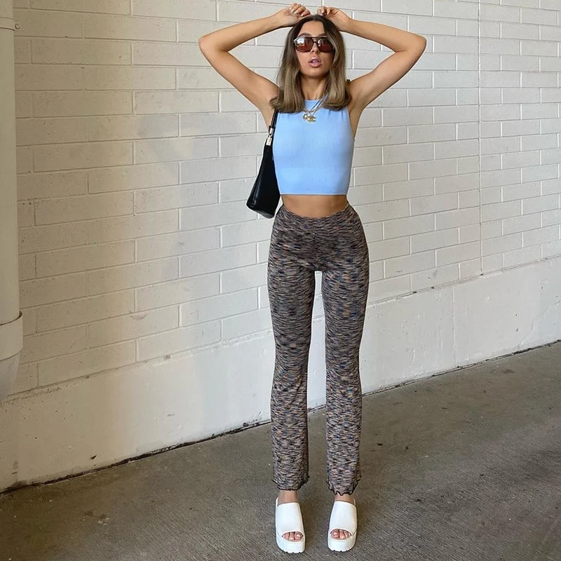 

Stretchy Printed Knitted Flare Capri Pants Vintage High Waist Ruffles Sweatpants Joggers Casual Baggy Long Trousers 90s Iamhotty