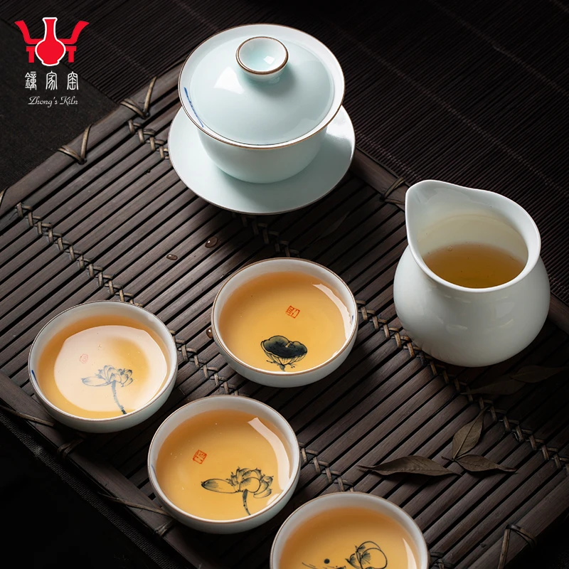 

★Чайный набор Zhongjiayao Цзиндэчжэнь, керамическая чашка, крышка, чаша, набор для дома, простая гостиная, полный набор для дома