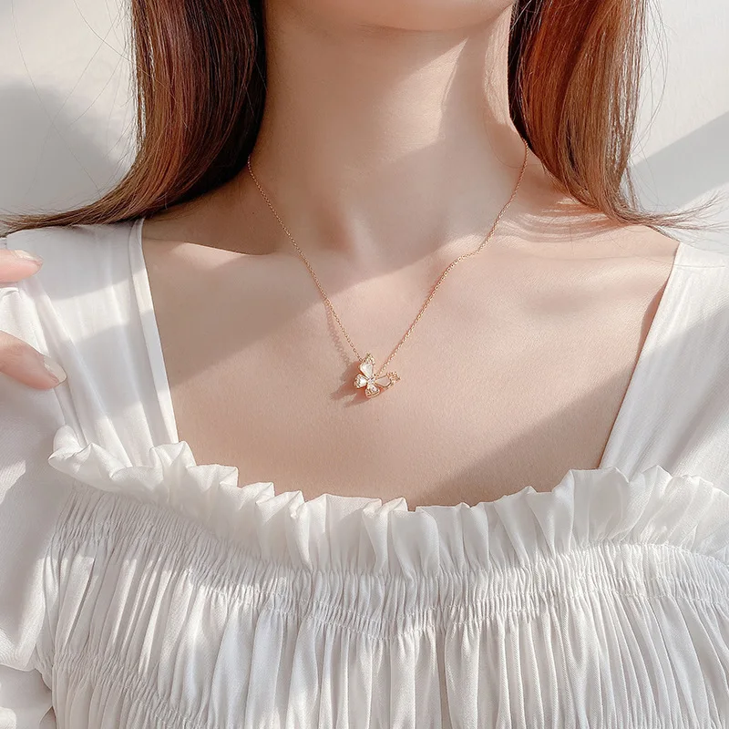 

YAOLOGE 925 Silver Necklace White Zircon Crystal Butterfly Pendant Clavicle Chain Female Couple Romantic Party Jewelry Gift