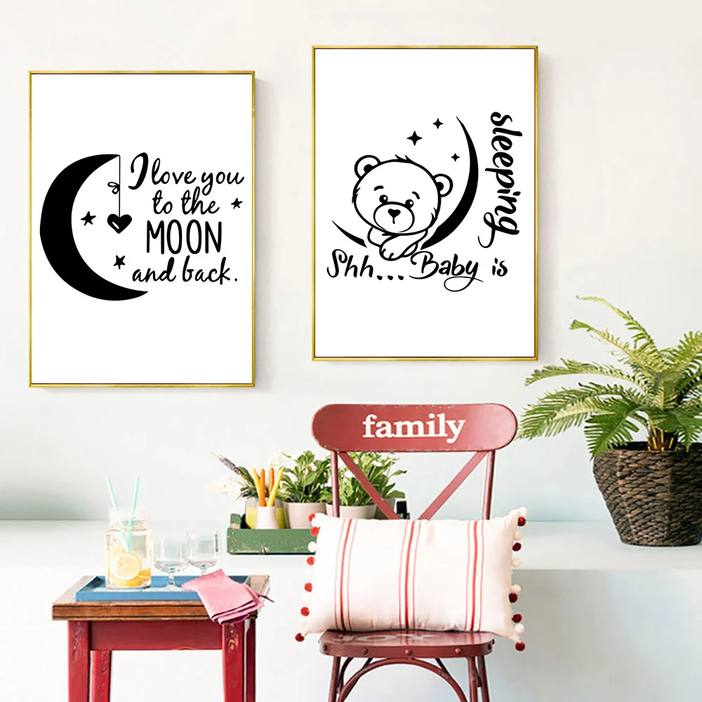 

Wall Art Canvas Painting Moon Sleeping Bear Poster Nursery Prints Black And White Nordic Kids Bedroom Decor Cartoon Pictures
