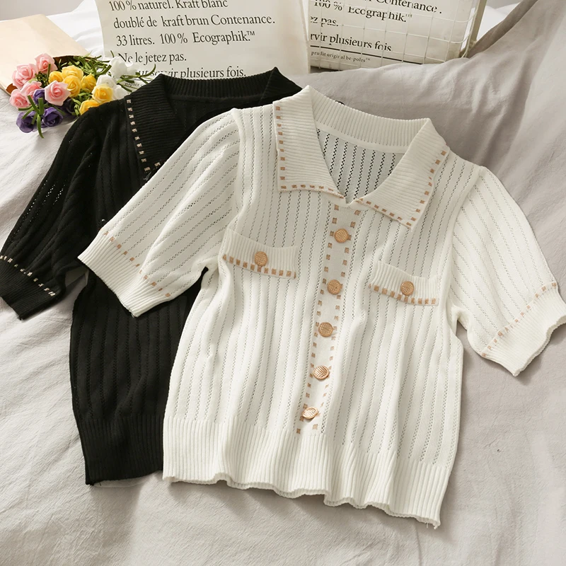 

New Vertical Stripes Slimming Short Sleeve Sweater