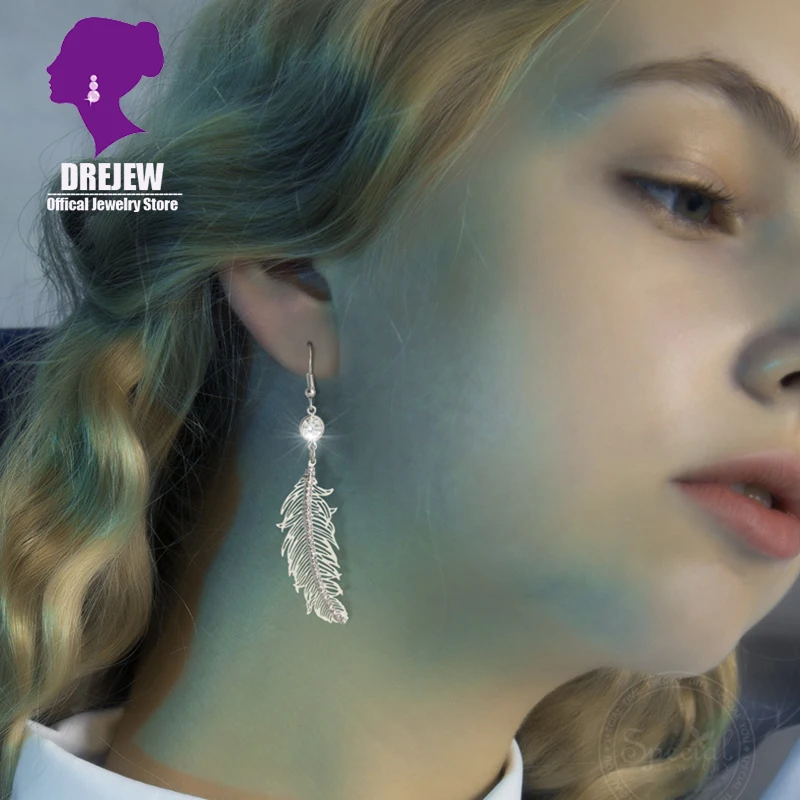 DREJEW Роскошные винтажные золотые серебряные серьги с перьями, длинные уличные модные 925 Кристальные Висячие серьги для женщин, свадебные