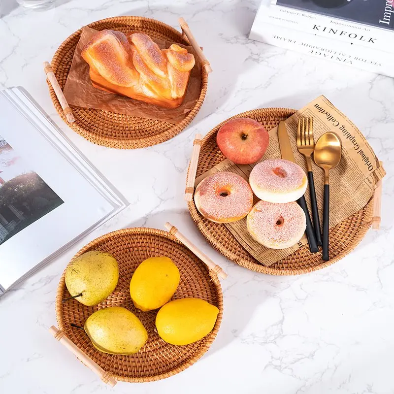 

Handwoven Rattan Storage Tray With Wooden Handle Round Wicker Basket Bread Food Plate Fruit Cake Platter Dinner Serving Tray