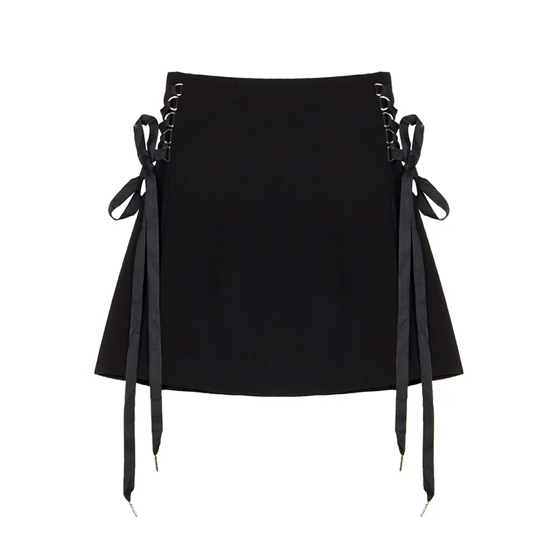 

Half-length skirt women's 2021 retro new style bowknot high waist black A-line short skirt on both sides