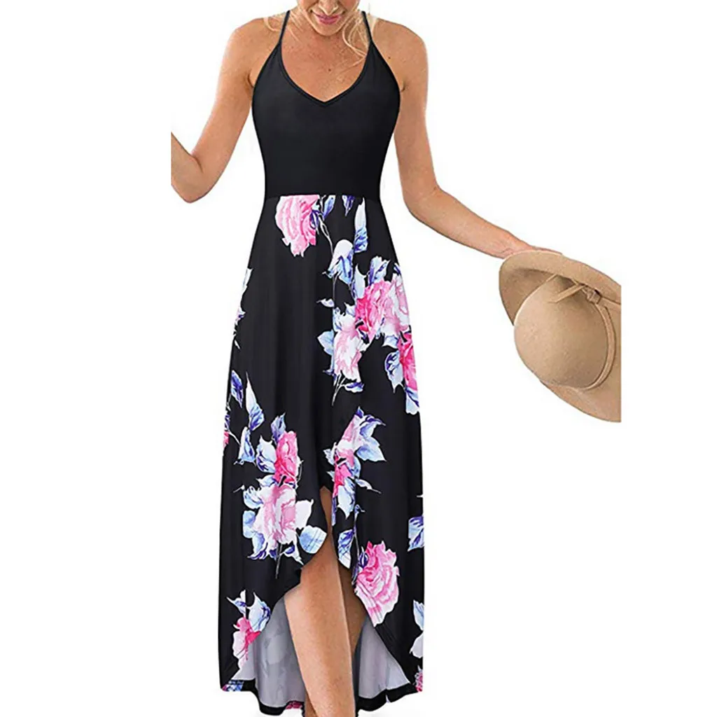 Платье женское повседневное длинное без рукавов с открытой спиной и цветочным