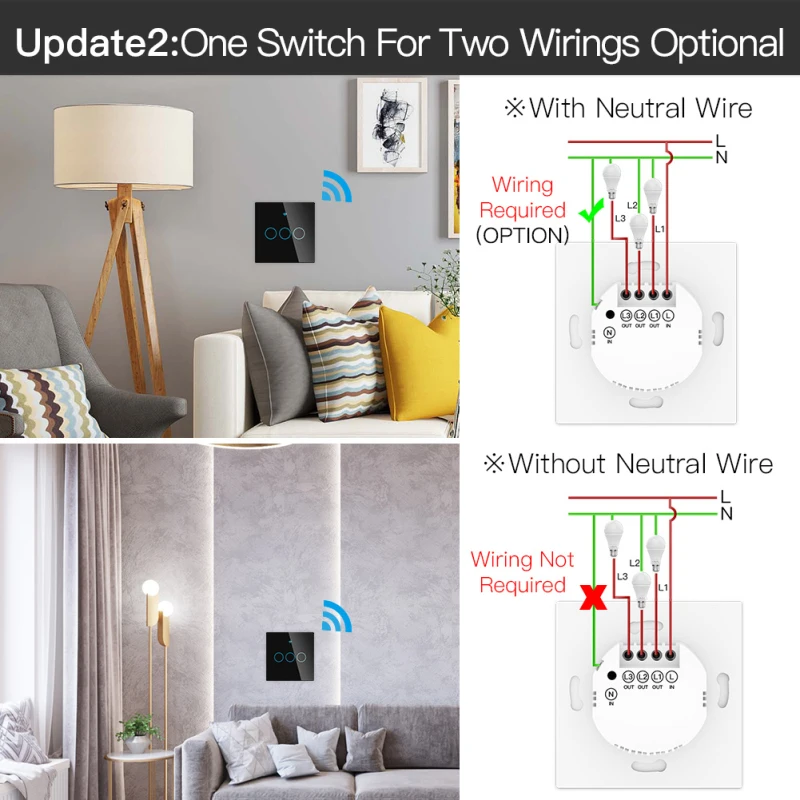 

Tuya ZigBee Smart Light Switch EU Without Neutral Wire Two Wiring Methods With 1/2/3gang Optional Voice Control With Alexa