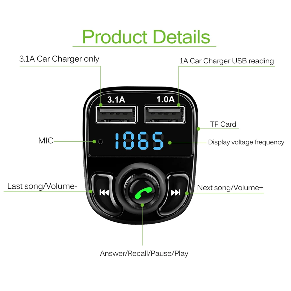 Fm-передатчик Bluetooth для автомобиля с двумя портами 3 1 А usb-портом зарядки