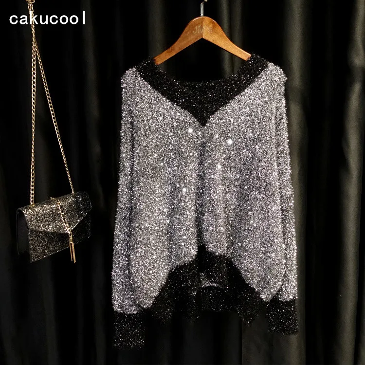 Женский джемпер с блестками Cakucool свободный дизайнерский V-образным вырезом