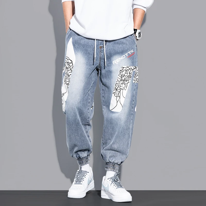 Men's jeans spring letter printing baggy Hip hop jeans men cargo pants Streetwear Cartoon Graffiti Drawstring Denim trousers men