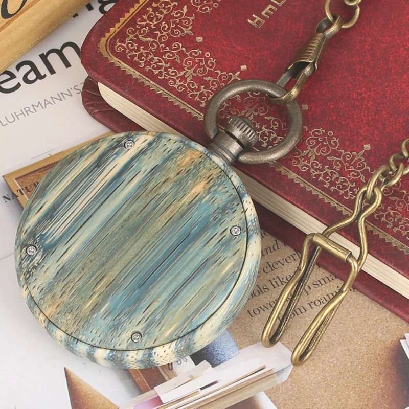 Light Green Mixed Color Bamboo Wood Quartz Pocket Watch Fashion Arabic Numbers Wooden Fob Clock + 30cm Chain Relojes de bolsillo | Наручные