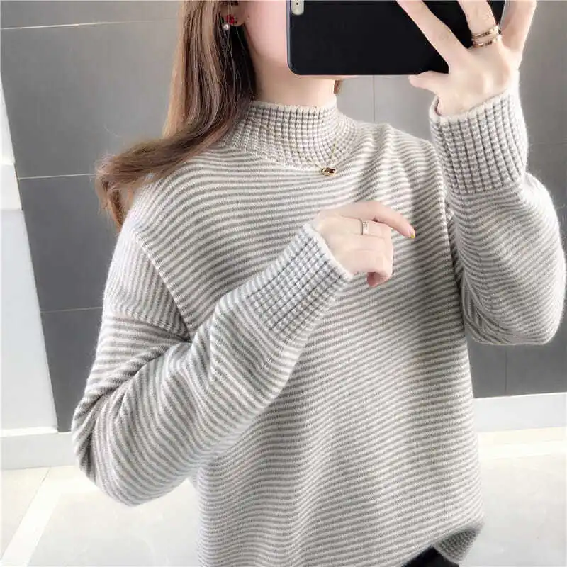 

2021 Autumn Winter Women New Loose Striped Pullovers Female Knitted Long Sleeve Jumpers Ladies Thick Warm Sweater Tops Y742