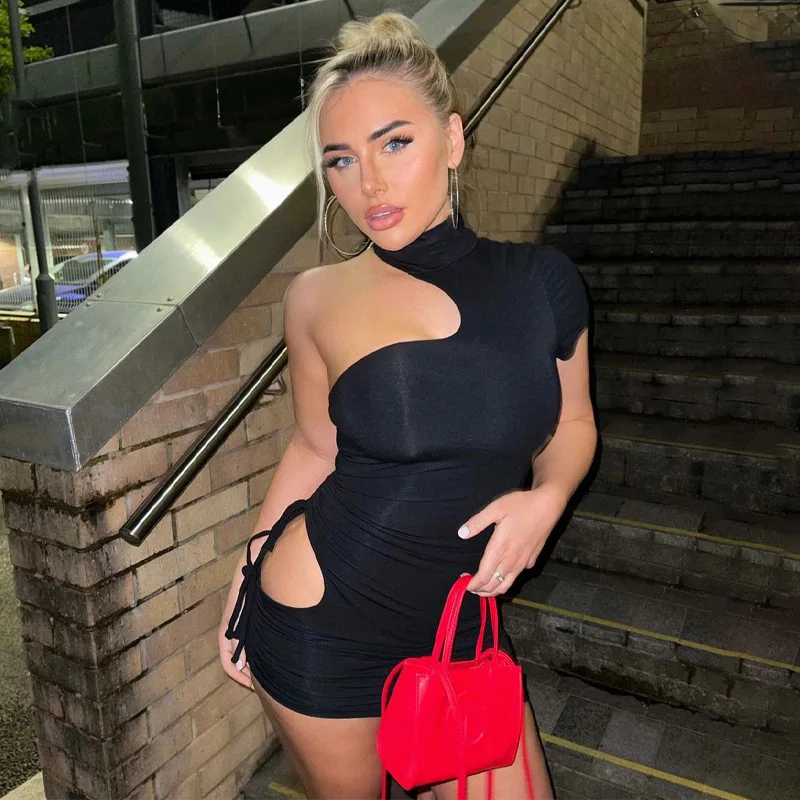 

DSMTRC 2021 One-Shoulder Turtle-Neck Straps Bow Solid Backless Bandage Bodycon Dress Summer Sexy Women Streetwear Y2K Party Club