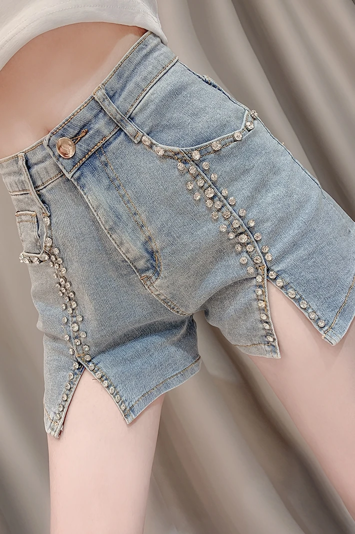 

Streetwear Tassel Rhinestone Split Jeans Shorts Women 2021 Summer New High Waist Denim Shorts Fashion Cotton Stretch Short Pants