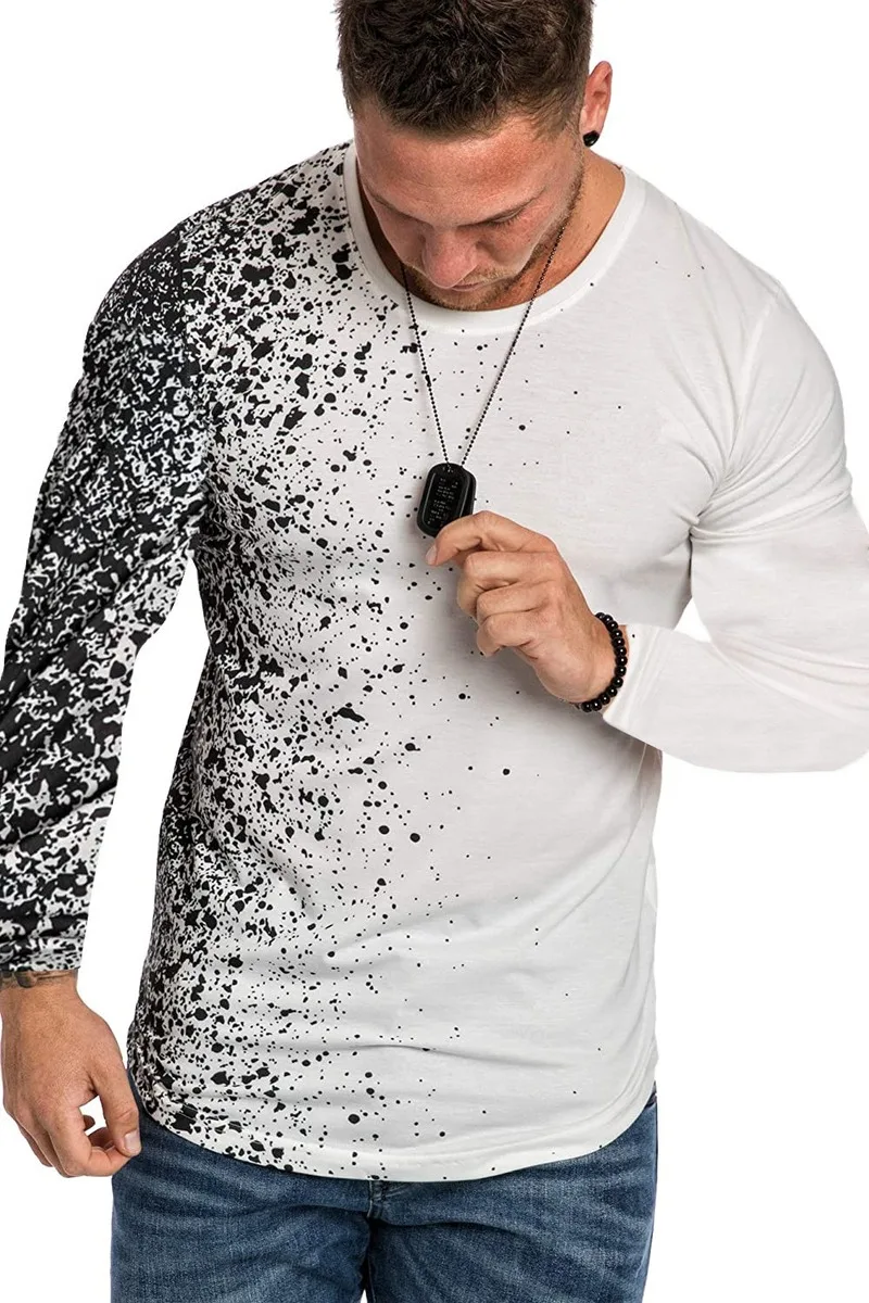 

QNPQYX New Men Snowflake Spots Pattern T Shirt Autumn Fashion O-neck Casual Gradient Long Sleeve T Shirts Slim Tee Camisetas