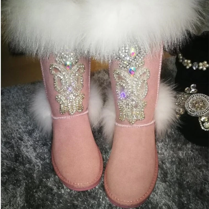 

Net red luxury Thai pink rhinestone boots fox fur thin high leather warm snow boots