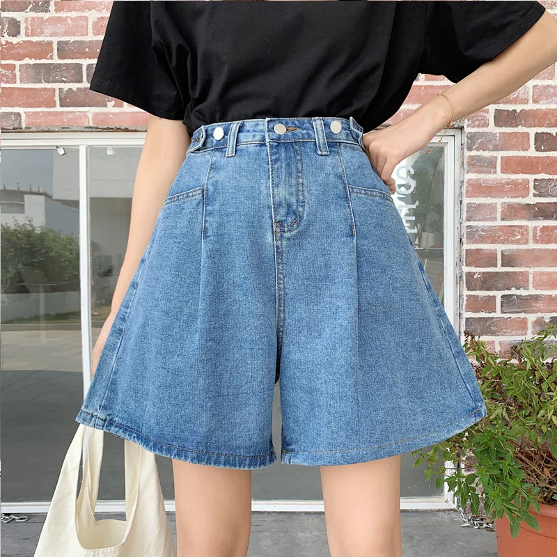 

Blue Solid High Waist Wide Leg Women Denim Shorts 2021 Summer White Pure Korean Ladies Daily Bottoms Plus Size 5XL