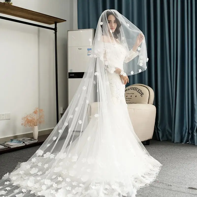 

Bridal Veils 2T Wedding Veil Flowers Appliques Long Bride With Comb Accessories