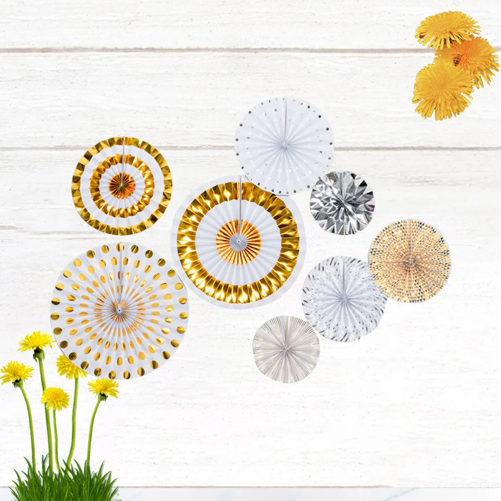 

1 Set of 8PCS Paper Fans Flower Set Gold Stamping Paper Fan Flower Kit Round Paper Fan Flower Decor Kit Party Paper Fans Decor K
