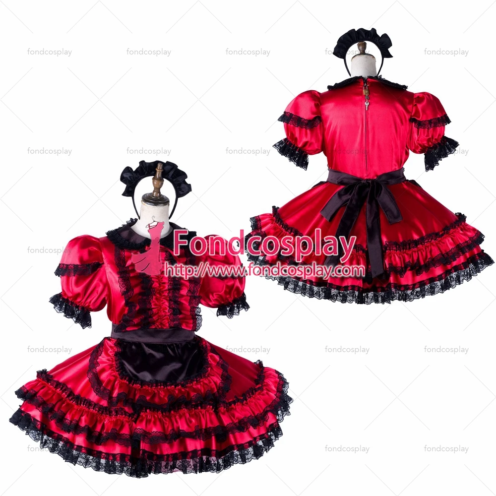 

fondcosplay adult sexy cross dressing sissy maid short red satin dress lockable Uniform black apron costume Tailor-made[G2200]