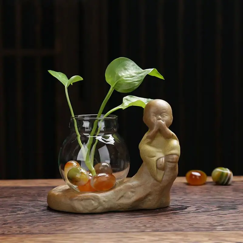 Стеклянная ваза с гидропонным растением керамическая китайский милый маленький