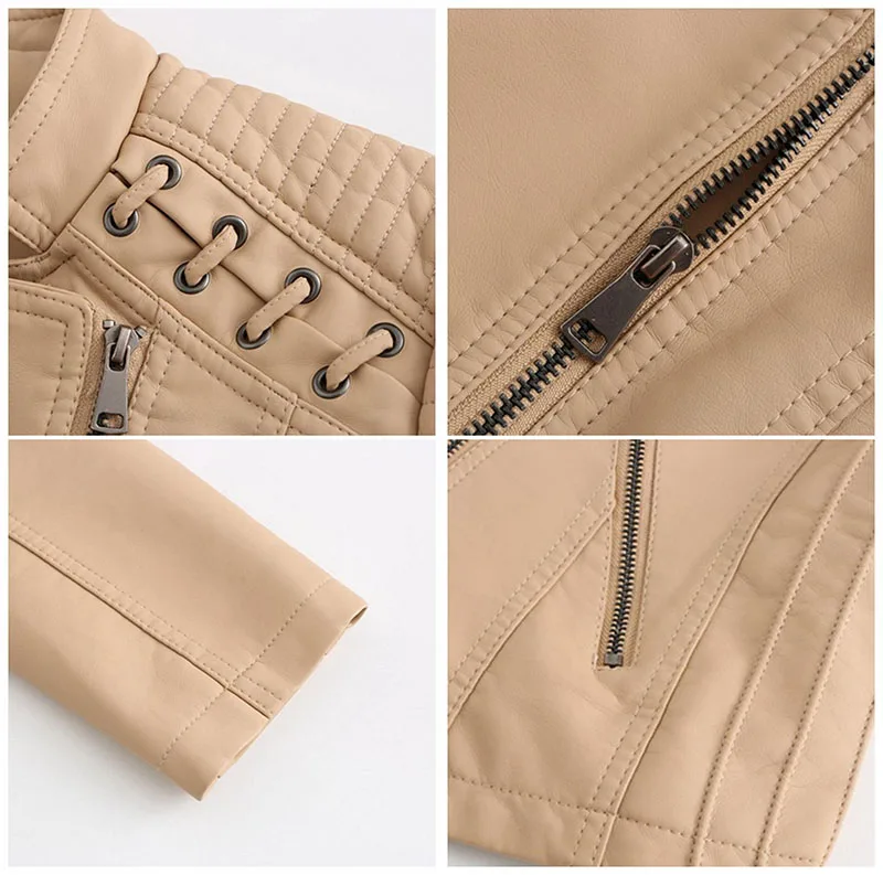 

European Size New Spring Autumn Women's Jacket Slim Long-Sleeved Thin Leather Jacket Ladies Tops Motorcycle Clothing Zipper B27