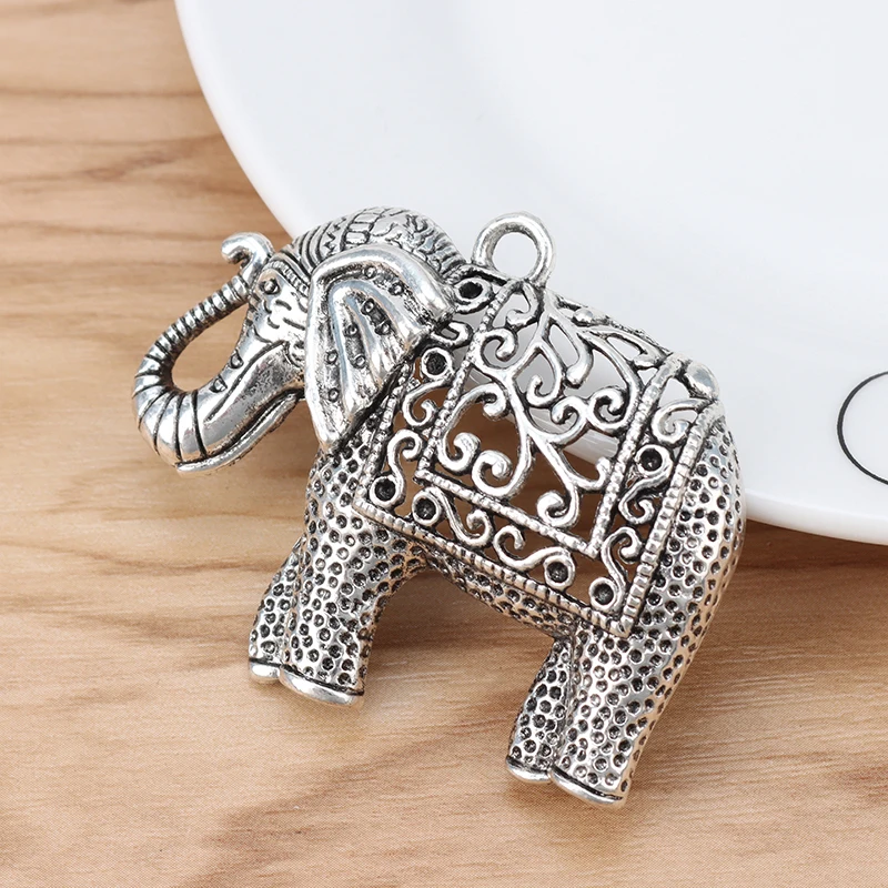 

2 Pieces Tibetan Silver Large Hollow Filigree Lucky Elephant Charms Pendants for DIY Necklace Jewellery Making Findings 60x48mm
