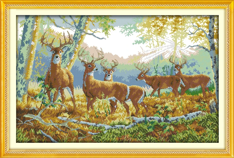 

Five deer in forest cross stitch kit 14ct 11ct pre stamped canvas embroidery DIY handmade needlework