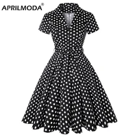 polka dot black pin up women cotton midi dresses floral print plus size swing aline party dress short sleeve knee length vestido