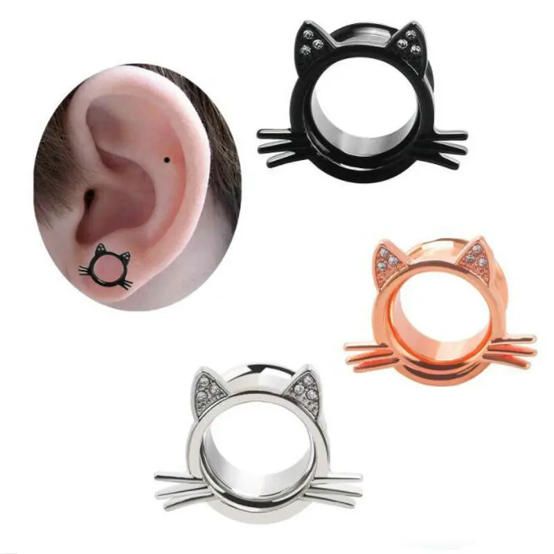 1 пиар милый кот Плаги для ушей из нержавеющей стали Болт с кристаллом ушной