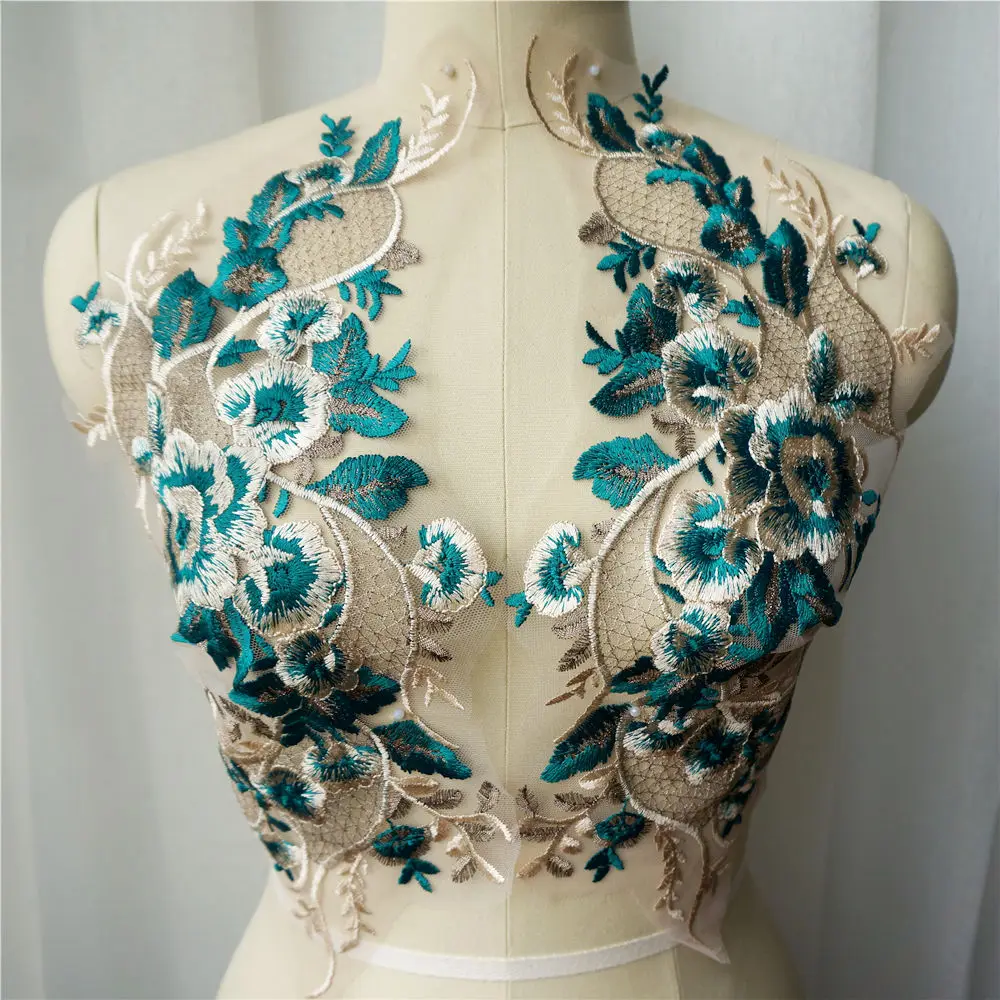 2 шт. зеленая кружевная ткань с вышитыми цветами Аппликации планки классический