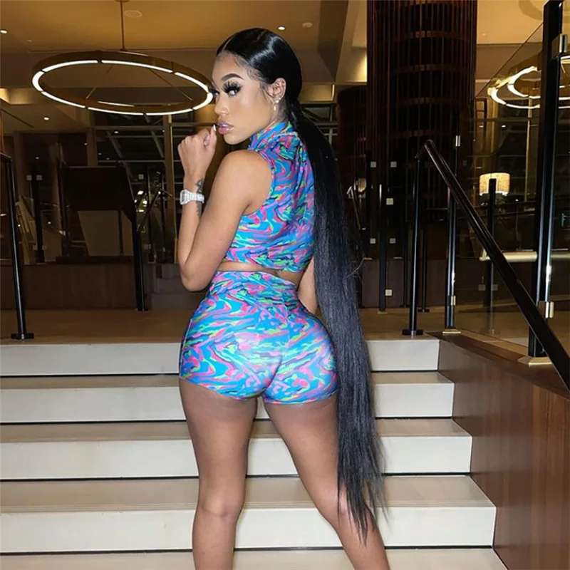 

BIIKPIIK Skinny Hollow Out 2 Piece Sets Female Print Female Suits Bodycon Summer Casual Lounge Wear Crop Top+Shorts Matching Set