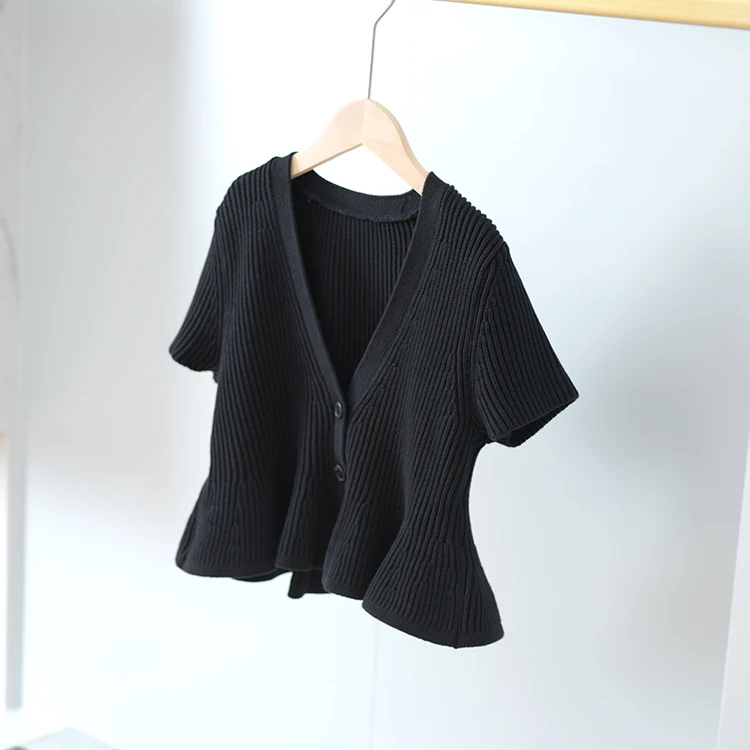 

Women Ruffles Hem Knit Sweater Lady Short Sleeve V-neck Single Breasted Female Short Cardigan Early Autumn New