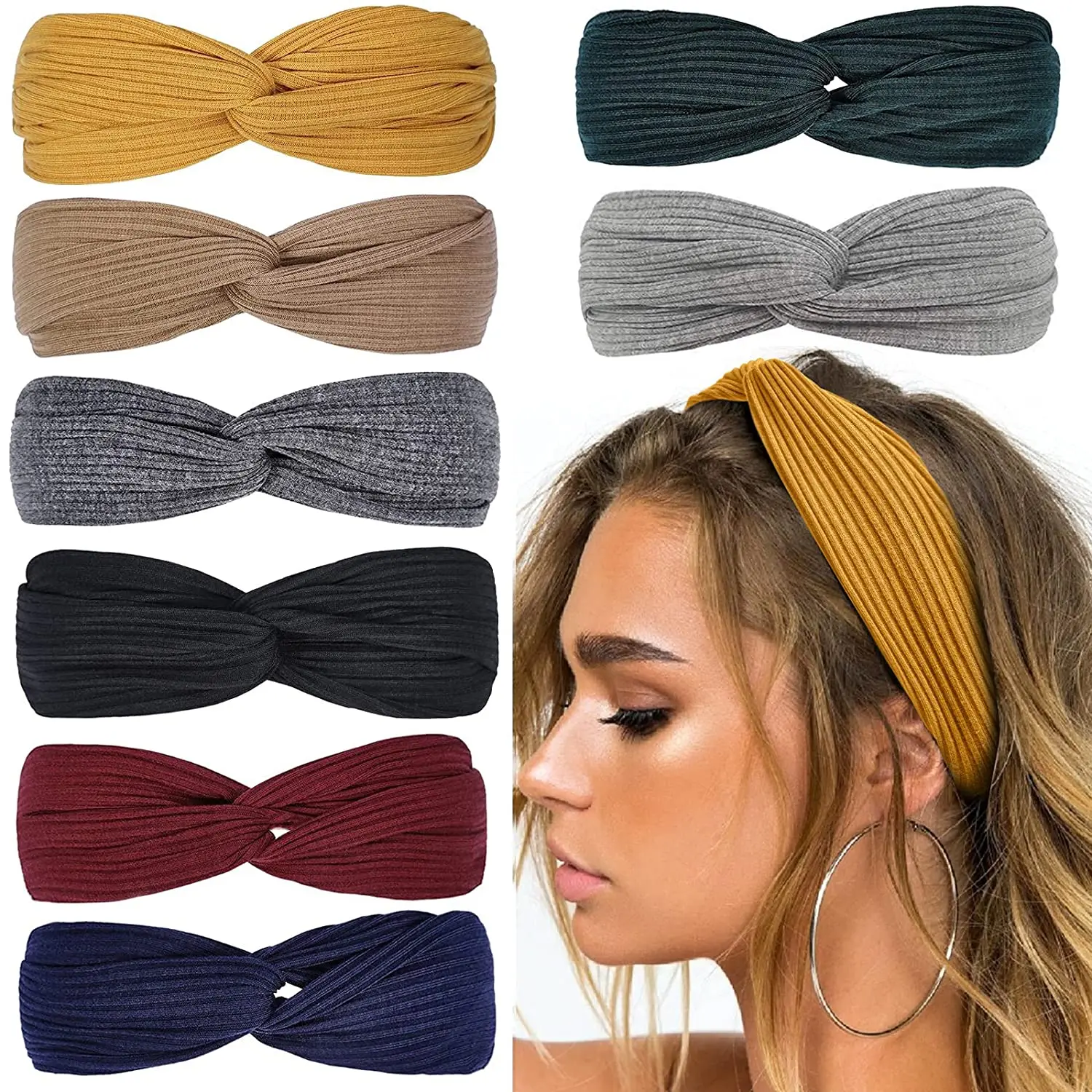 

Headbands for Women Girls Twist Knotted Boho Stretchy Hair Bands Criss Cross Turban Plain Headwrap Yoga Workout Vintage 8 PCS