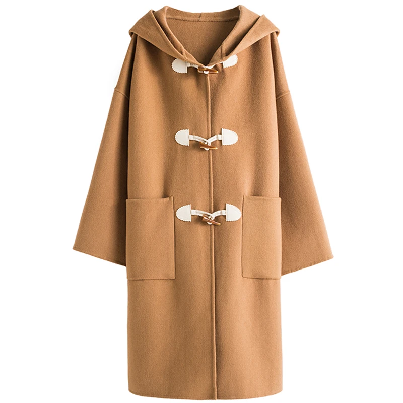 

Luxurious 100% cashmere double faced woolen coat women hooded coats warm new cow horn button cape woolen trench coat loose brown
