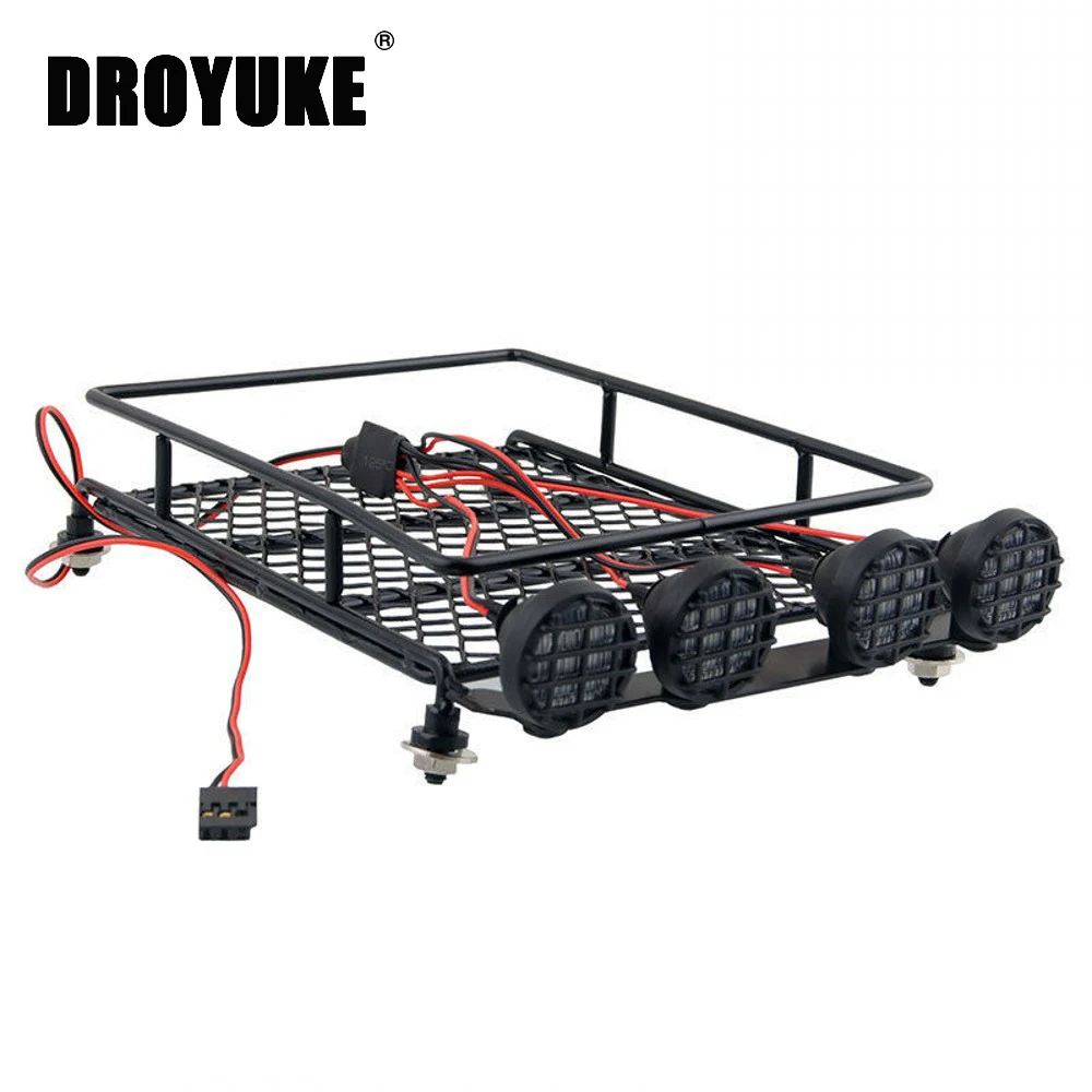 Droyuke 1/10 RC Car Rock Crawler Metal Roof Rack Luggage Carrier with LED Lights for TAMIYA D90 CC01 AXIAL SCX10  Luggage Rack