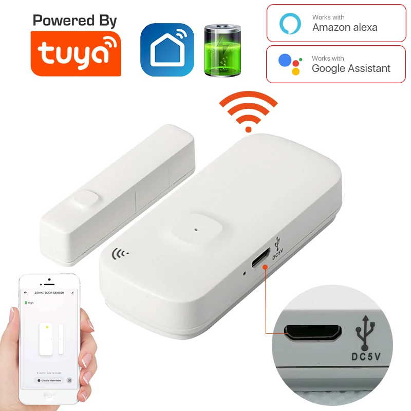 

Tuya WiFi датчик для двери окна детектор с Зарядка аккумулятора порт Беспроводной магнитный переключатель сигнализации Поддержка Alexa Google