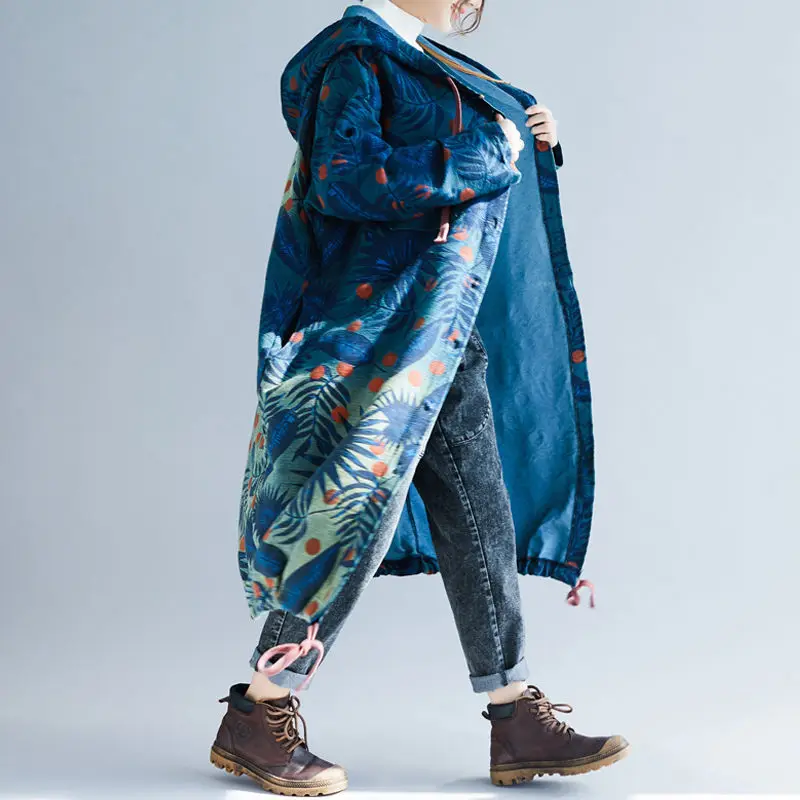 

Spring New Denim Trench Coat Female Large Size Loose Mid-length Retro Art Print Hooded Windbreaker Single Breasted Outwear R449
