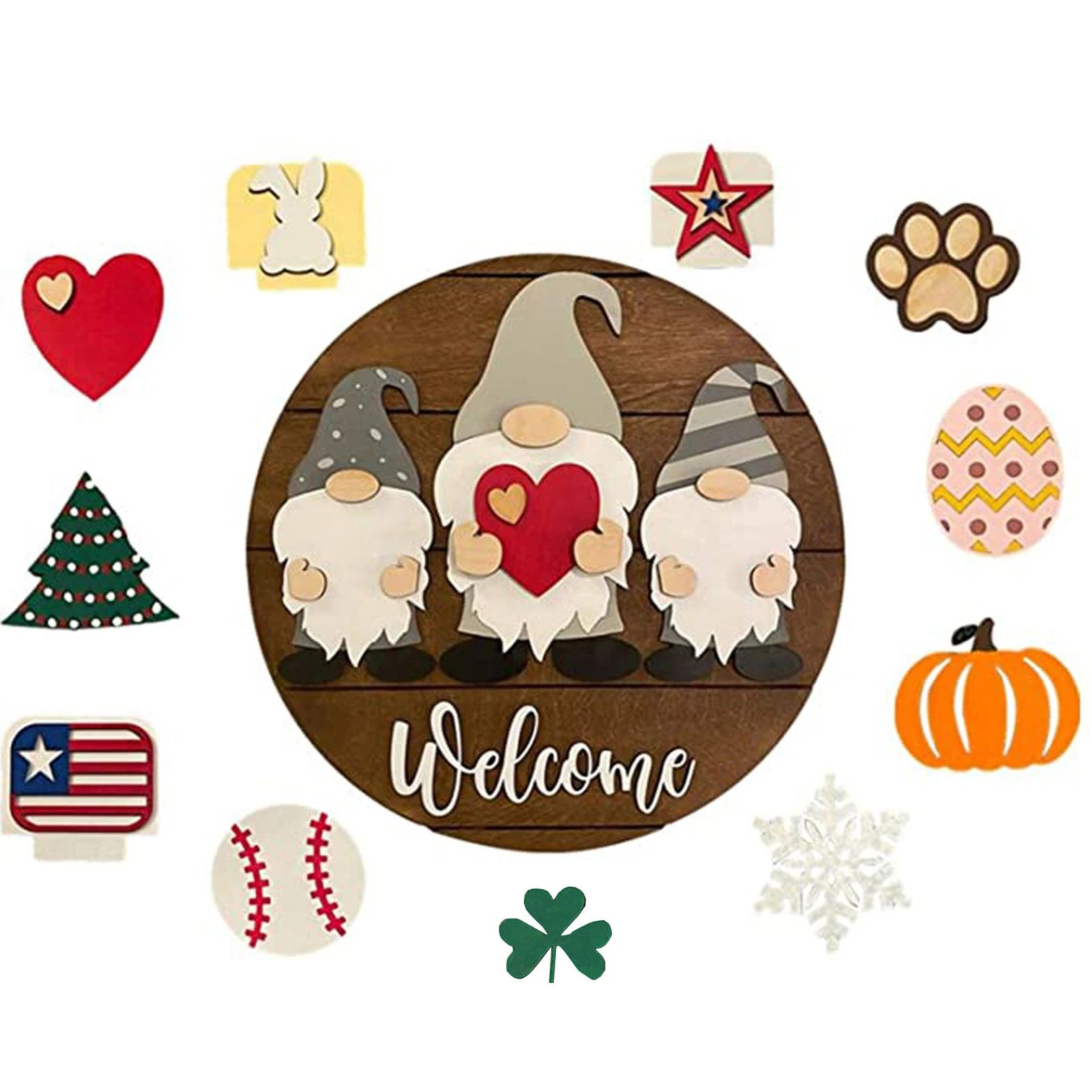 

Gnome Pattern Wood Home Decor Handmade Restaurant Indoor Outdoor Welcome Sign Rustic Craft For Front Door Festival Round Holiday
