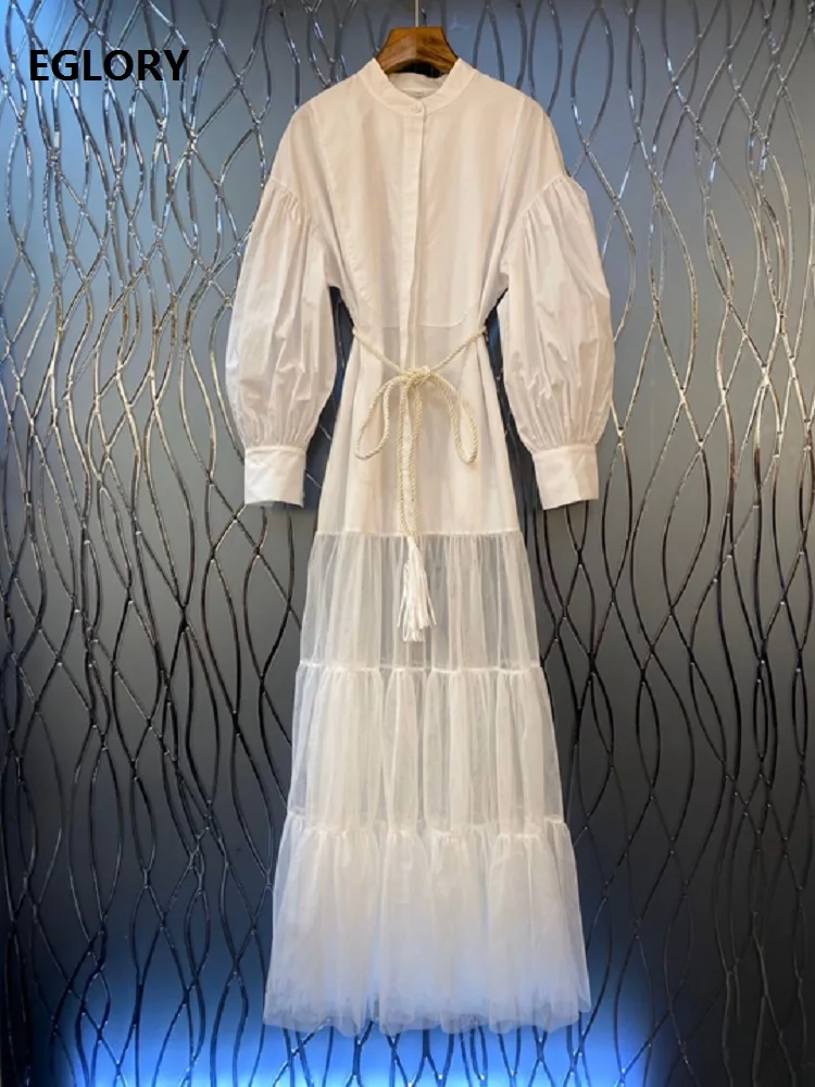 Женское длинное платье в пол повседневное белое макси стиле пэчворк из тюля