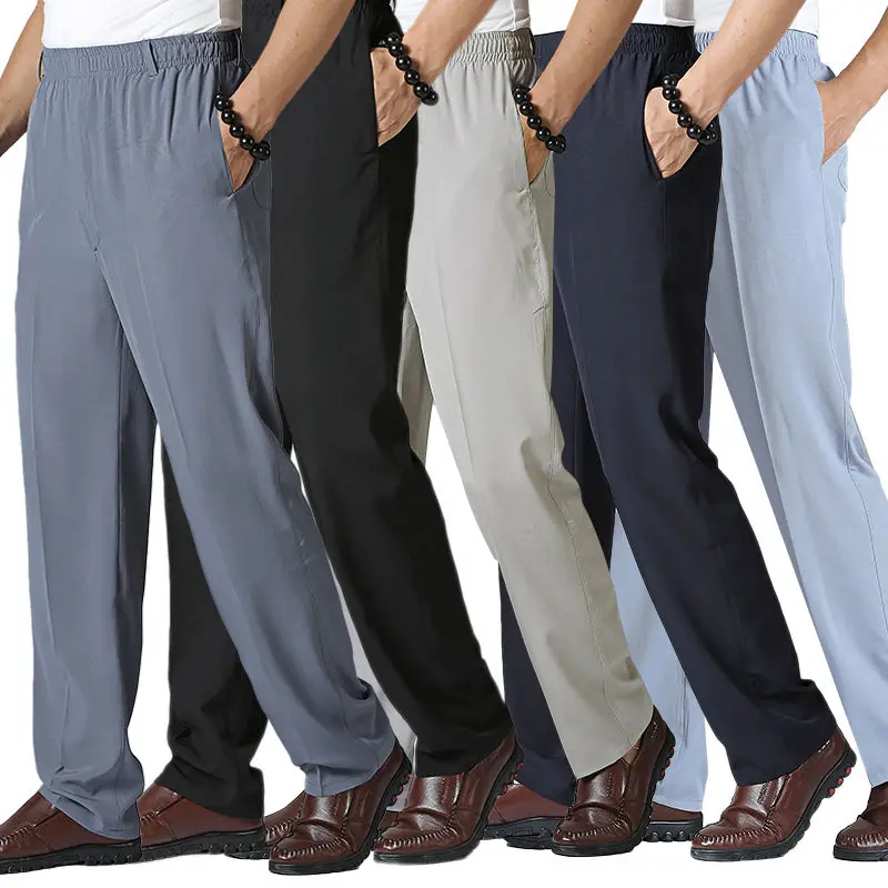 Men's quick dry ice slacks Pants summer thin elastic waist trousers Male trousers loose movement jogger pants black blue gray