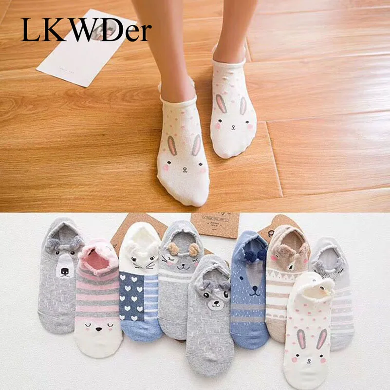 LKWDer Women Cute Animals Cotton Socks Female Kawaii Cat Dog Summer Short Sock Slippers Women Casual Soft Funny Boat Socks Meias