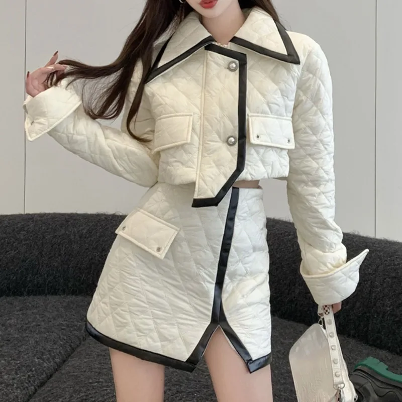 

Winter Ligth Thin Cotton-padded Clothes Warm 2 Piece Set Women Short Jacket Crop Coat + Mini Skirt Suit Elegant Two-piece Set