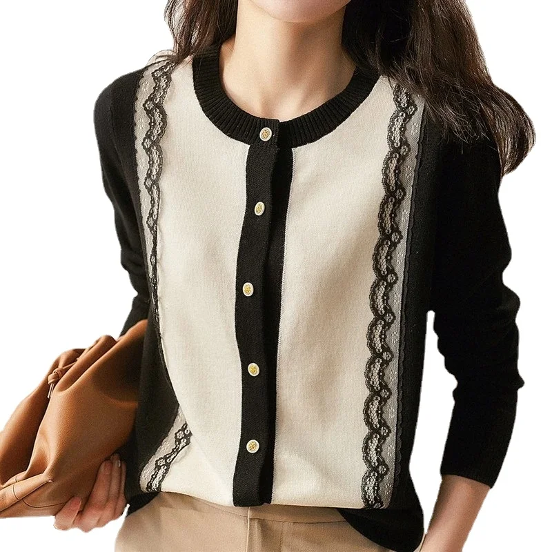 

Женский вязаный кардиган на пуговицах, кружевной свободный винтажный кардиган составного кроя в Корейском стиле, весна-осень