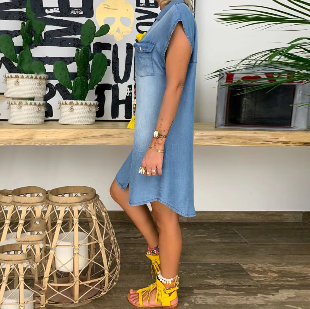 JAYCOSIN Jeans Summer Dress Women 20Short Sleeve Button Denim Sundress Turn Down Collar Mini Party Female Vestidos 20MAR2 | Женская