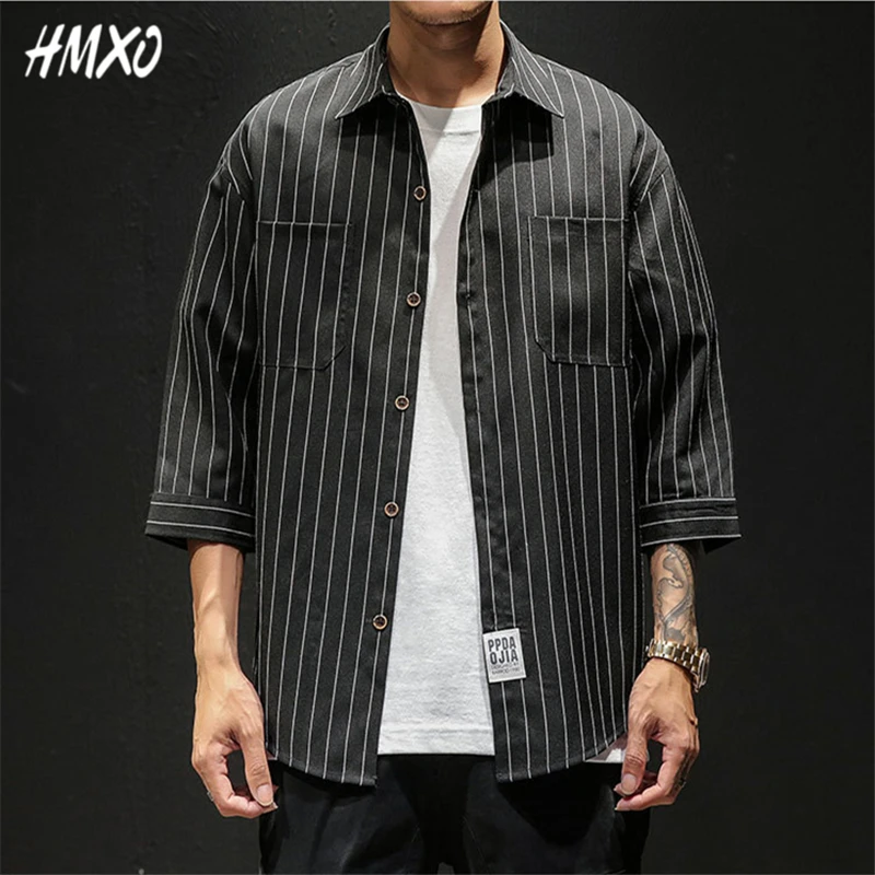 HMXO Мужская Черная полосатая рубашка с рукавом средней длины 2020 Популярная