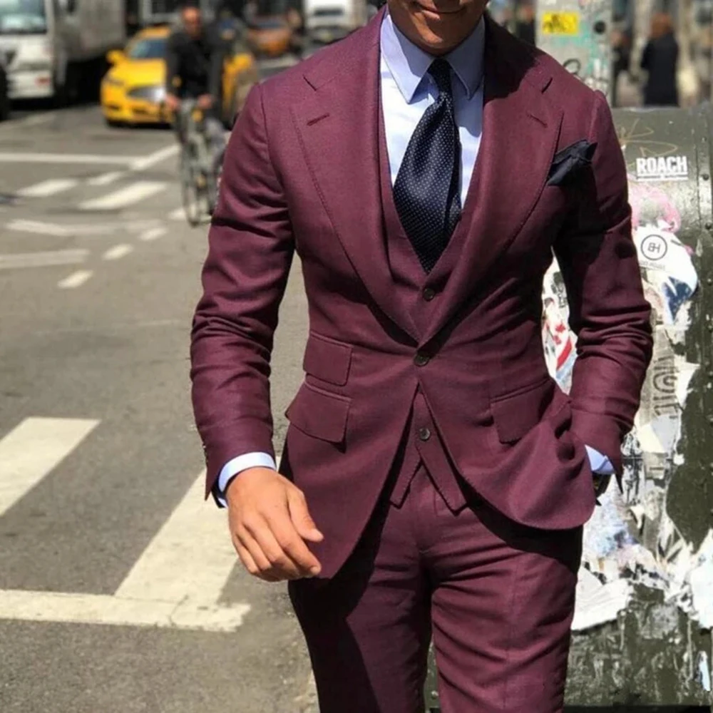 

Burgundy Men Suits Slim Fit Single Breasted Jacket+Vest+Pants Groom Wedding Tuxedos Smoking Blazer Masculino Trajes De Hombre