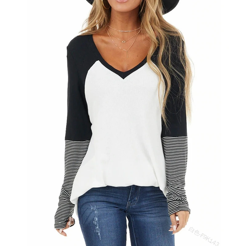 

WEPBEL T-shirt Women's Casual Patchwork Stripes Loose T-shirt Spring Autumn Fashion Long Sleeve V-neck Pullover T-shirt Tops