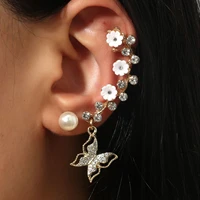 2022 earrings white beaded rhinestone flower butterfly ear clip ladies ear clip party birthday casual fashion earrings 1 pair